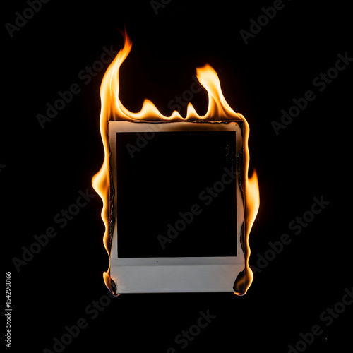 A blank black polaroid photo print in burning fire against dark background