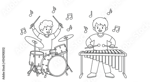 Two Children Playing Musical Instruments together A Drum Set and Xylophone