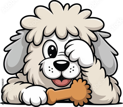 Cute cartoon sheepdog puppy hiding one eye with bone