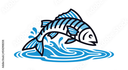 Fish Leaping out of Water into the Air in Blue Color Illustration Art