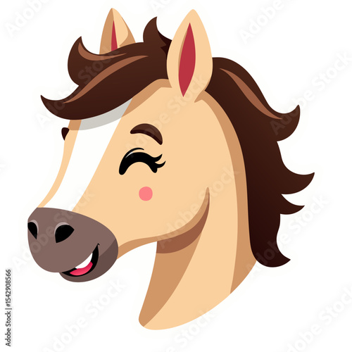 Cute and happy cartoon horse head smiling with closed eyes on a black background