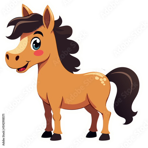 Cute cartoon horse illustration with a white border isolated on black background
