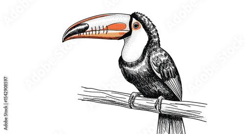 Artistic Illustration of Toucan Bird on a Branch in Black and White Style