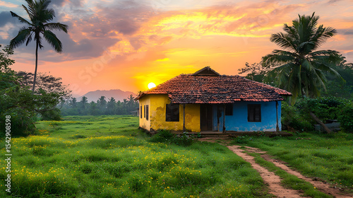 Traditional Indian village house and temple surrounded by green grass and beautiful sunset view
