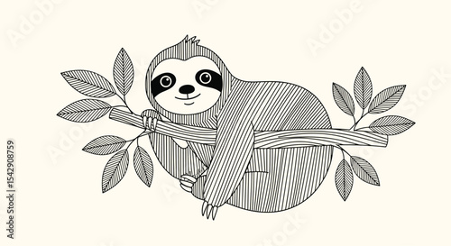 Cute Slow Sloth Hanging in Tree Leaves for Decoration Coloring Page Pattern