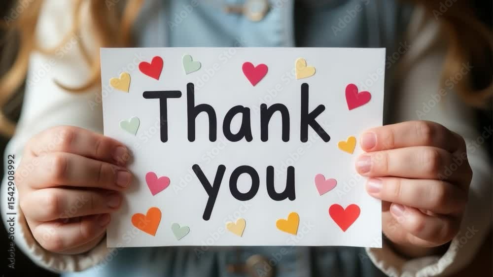 Girl holding thank you card with colorful hearts
