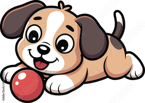 Adorable cartoon puppy playing with red ball