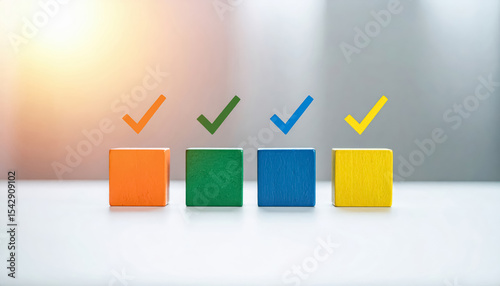 Colorful blocks with check marks task complete checklist check mark