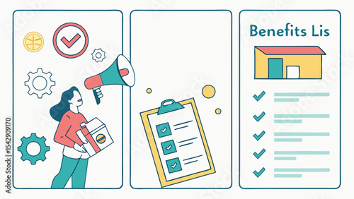 Illustration of a woman with a package and megaphone next to a checklist and a benefits list with a building