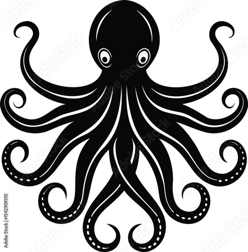 Stylized Black Octopus Illustration on White Background with Curled Tentacles