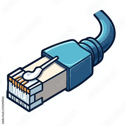 Cartoon illustration of an ethernet cable connector for network communication and data transfer