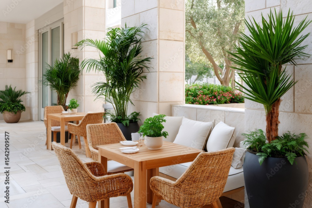 Fototapeta premium Outdoor restaurant tables and wicker chairs enjoying sunlight