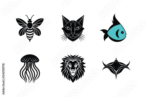 Geometric animal icons bee cat fish jellyfish lion stingray
