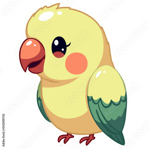 Cute cartoon yellow parrot sticker with an orange beak and blush on a black background