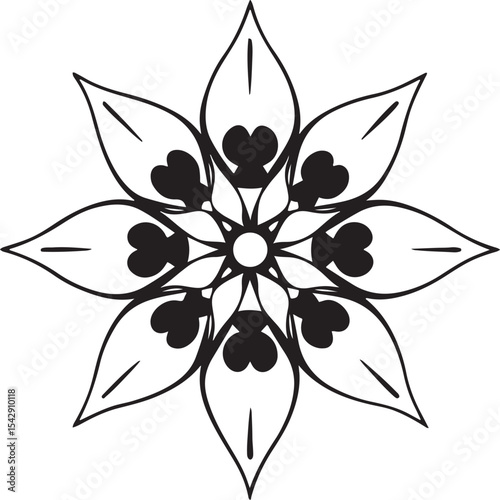 Eight Pointed Floral Design Illustration Featuring Heart Shapes in Black and White