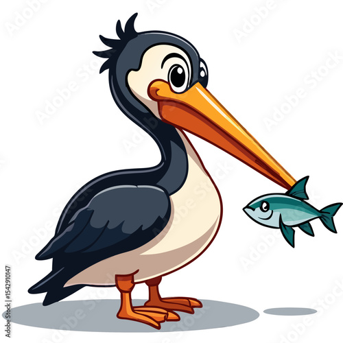 Cartoon Pelican with a Fish:  An Illustration with a Black Background Illustration of a Pelican