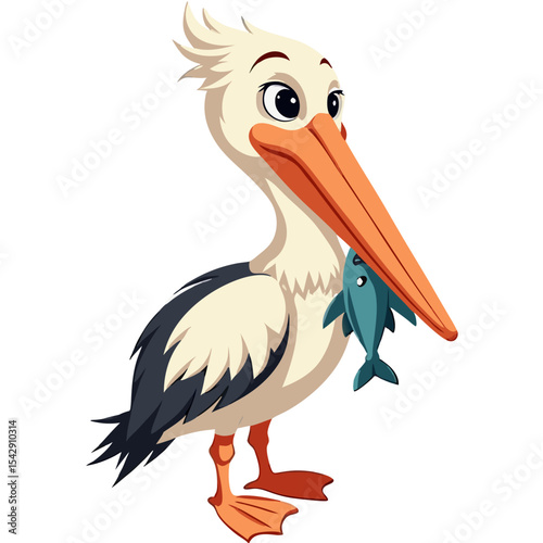 Cartoon Pelican with Fish: Illustration of a Bird with Open Beak and Dinner on the Go