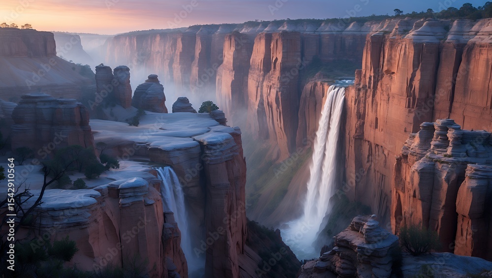 Fototapeta premium Majestic Waterfall Cascading Through Red Rock Canyon Landscape at Dusk