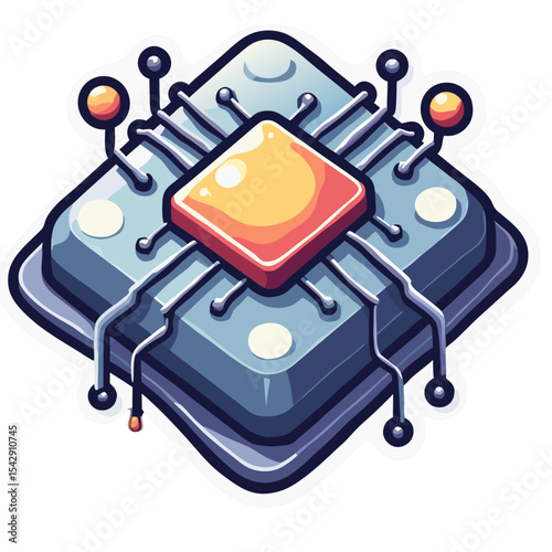 Cartoon illustration of a computer processor or microchip with advanced circuitry