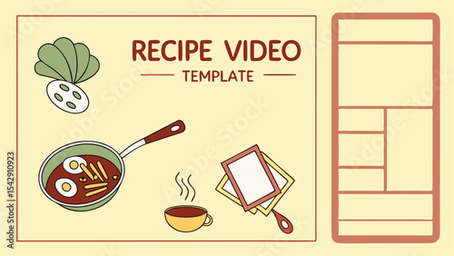 Recipe video template with a pan of food, a cup of coffee, and a stack of cards on a light yellow background