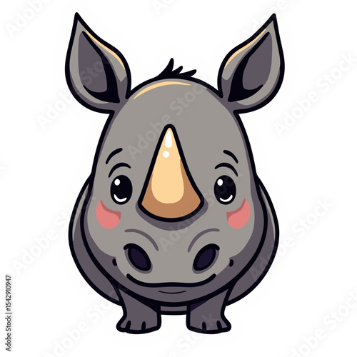 Cartoon rhino sticker on black background: cute animal illustration for kids and design