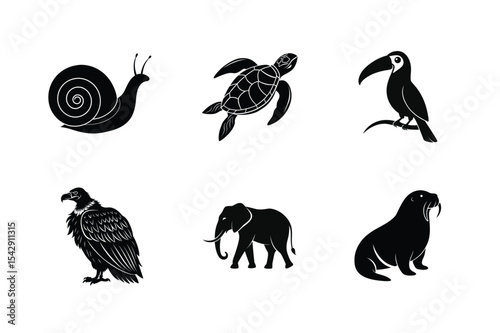 Six black silhouettes of various animals