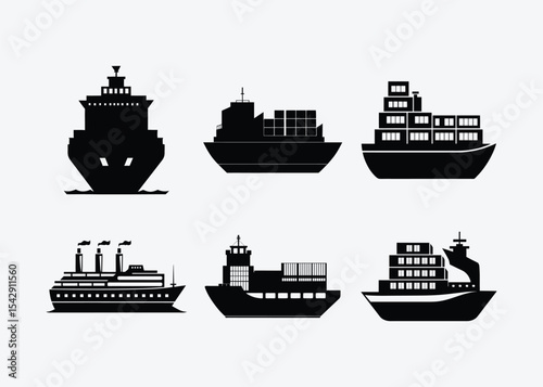 Vector Global Shipping and Cargo Vessels Icons Set on Clean Background