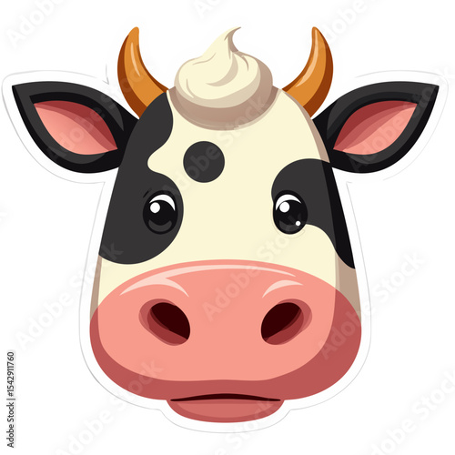 Cute cartoon cow face illustration with black spots and cream topping against black background