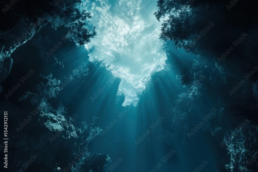 Fototapeta premium View from deep underwater showing sunlight breaking through the ocean surface with rays illuminating the dark depths, A view up to the ocean surface from deep underwater