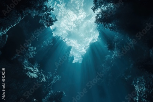 Wallpaper Mural View from deep underwater showing sunlight breaking through the ocean surface with rays illuminating the dark depths, A view up to the ocean surface from deep underwater Torontodigital.ca