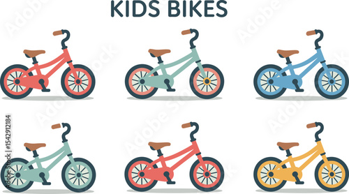 Set of colorful kid's balance bikes in various pastel shades, perfect for showcasing early childhood mobility, learning, and playful design elements.