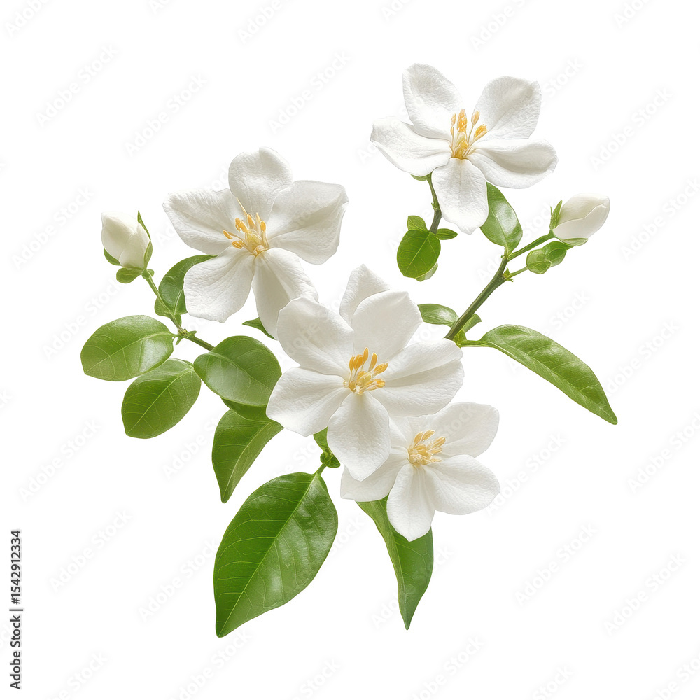 Obraz premium Elegant jasmine flower branch with fresh white blooms and lush green leaves isolated on Transparent background, Jasmine flower isolated on PNG background