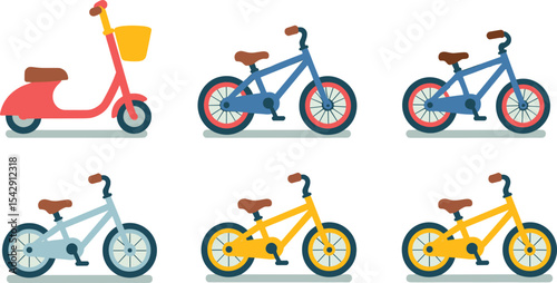 Set of colorful kid's balance bikes in various pastel shades, perfect for showcasing early childhood mobility, learning, and playful design elements.