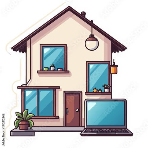 Cartoon illustration of a house with a laptop, representing home office and remote work setup