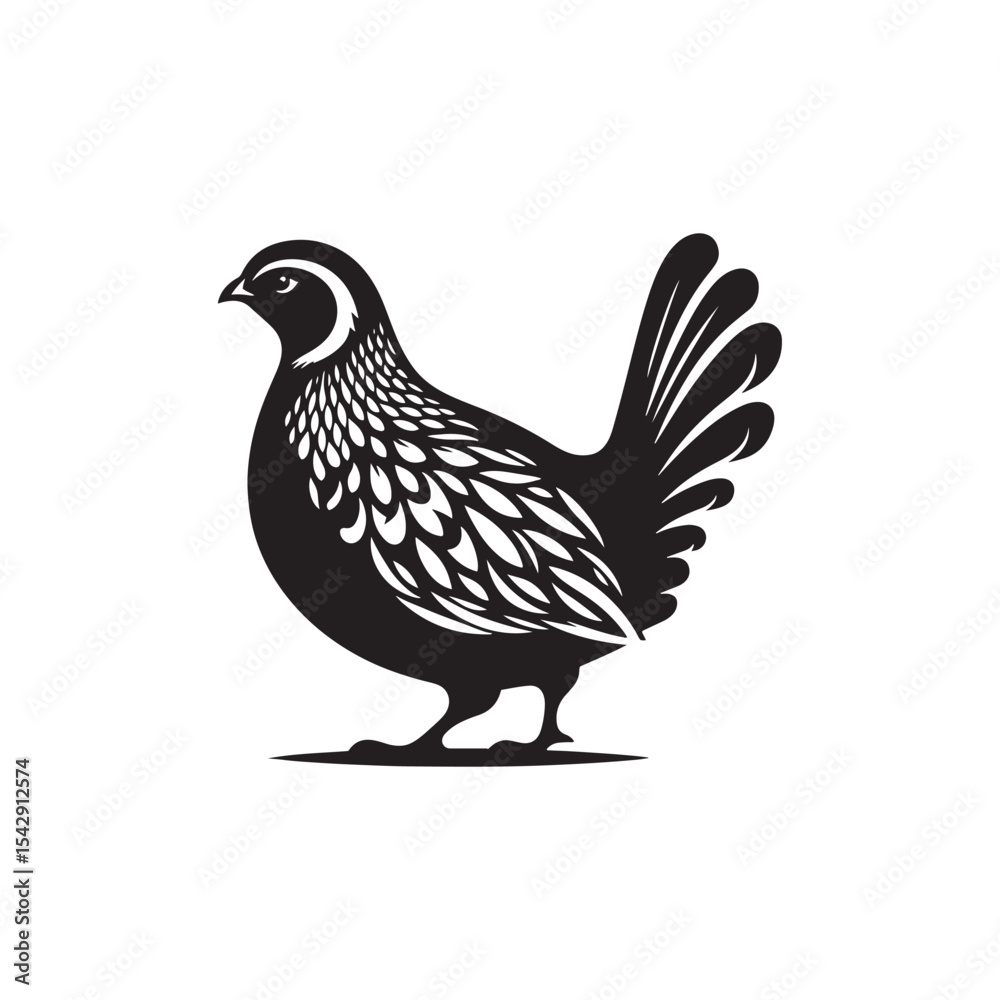 Obraz premium Elegant Quail Vector Silhouette Design – Bold Wildlife Icon Featuring Upright Pose and Distinct Feather Plume, Perfect for Countryside Artwork, Farm Logos, and Woodland Illustration Styles