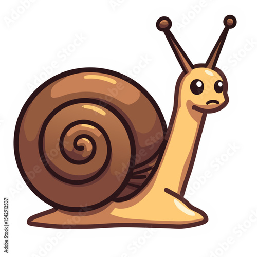 Cute cartoon snail sticker with brown shell and white outline on black background illustration