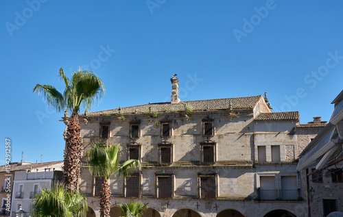 Facade of the Palace of the Marquis of the Conquest in Trujillo's Plaza Mayor, with palm trees in front and a clear sky on a sunny day in Extremadura