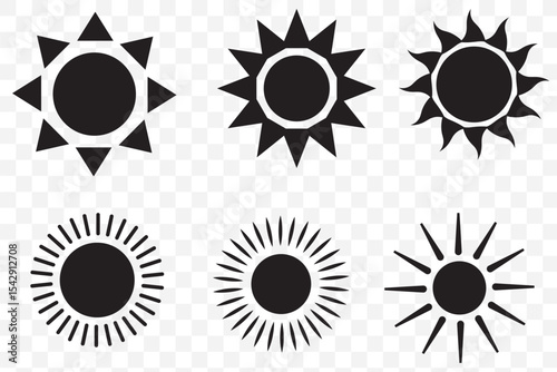 Sun vector illustration set in yellow color. Sun icon set. Yellow sun icons. Sunset icon collection. Yellow sun star icons. Solar energy. Vector illustration 