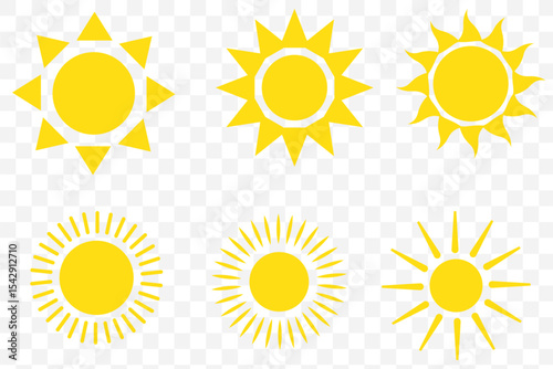 Sun vector illustration set in yellow color. Sun icon set. Yellow sun icons. Sunset icon collection. Yellow sun star icons. Solar energy. Vector illustration 