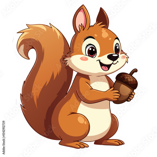 Charming cartoon squirrel holding a brown acorn, perfect for children's designs and projects