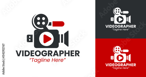 Stylish Videographer Logo with Film Roll and Camera for Video Production Branding in Black and Red