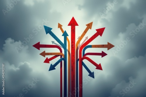multiple arrows pointing in different directions against a foggy backdrop, metaphor for decision paralysis and market confusion