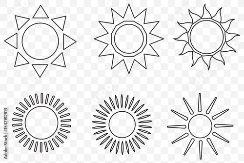 Sun vector illustration set in yellow color. Sun icon set. Yellow sun icons. Sunset icon collection. Yellow sun star icons. Solar energy. Vector illustration 