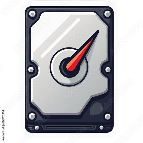 Illustrated hard drive graphic with gauge, data storage, and technology, design concept