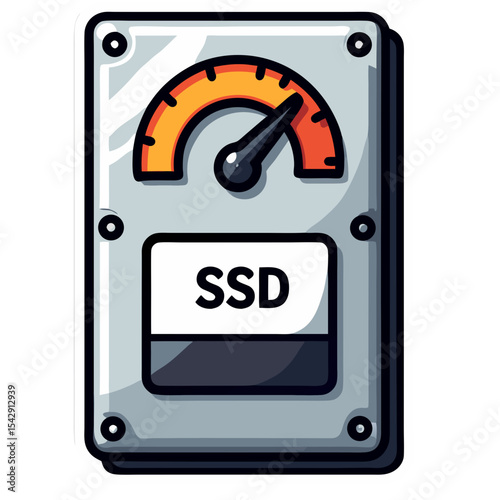 Illustration of an SSD with a performance gauge showing data transfer speed and storage
