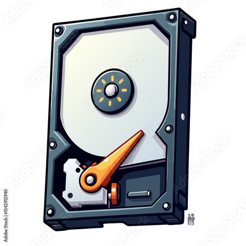 Cartoon illustration of a hard disk drive with a data storage concept in digital form