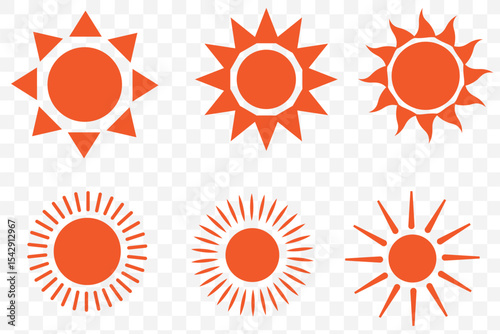 Sun vector illustration set in yellow color. Sun icon set. Yellow sun icons. Sunset icon collection. Yellow sun star icons. Solar energy. Vector illustration 
