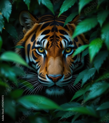 Tiger's Gaze Amidst Lush Foliage: A majestic tiger peers intently through vibrant green leaves. The photograph reveals the raw power and beauty of the animal.