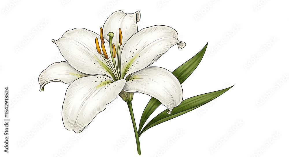 Fototapeta premium Elegant White Lily Flower Illustration with Green Leaves