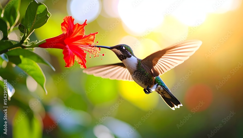 Obraz premium Hmmingbird feeding on a flower nectar, with blurred wings, vibrant plumage, and natural background, wildlife photography